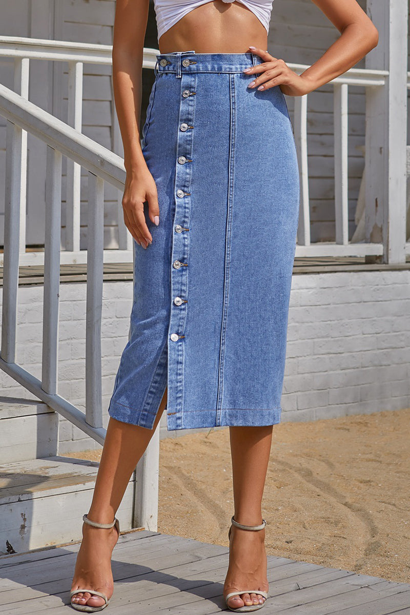 Elegant Solid Buckle Slit High Waist Pencil Solid Color Bottoms(5 Colors)