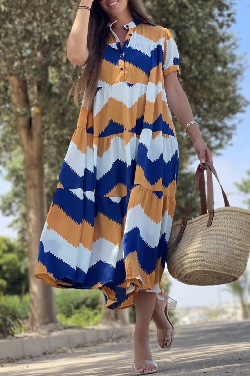 Vintage Elegant Geometric Print Patchwork O Neck A Line Dresses(5 Colors)