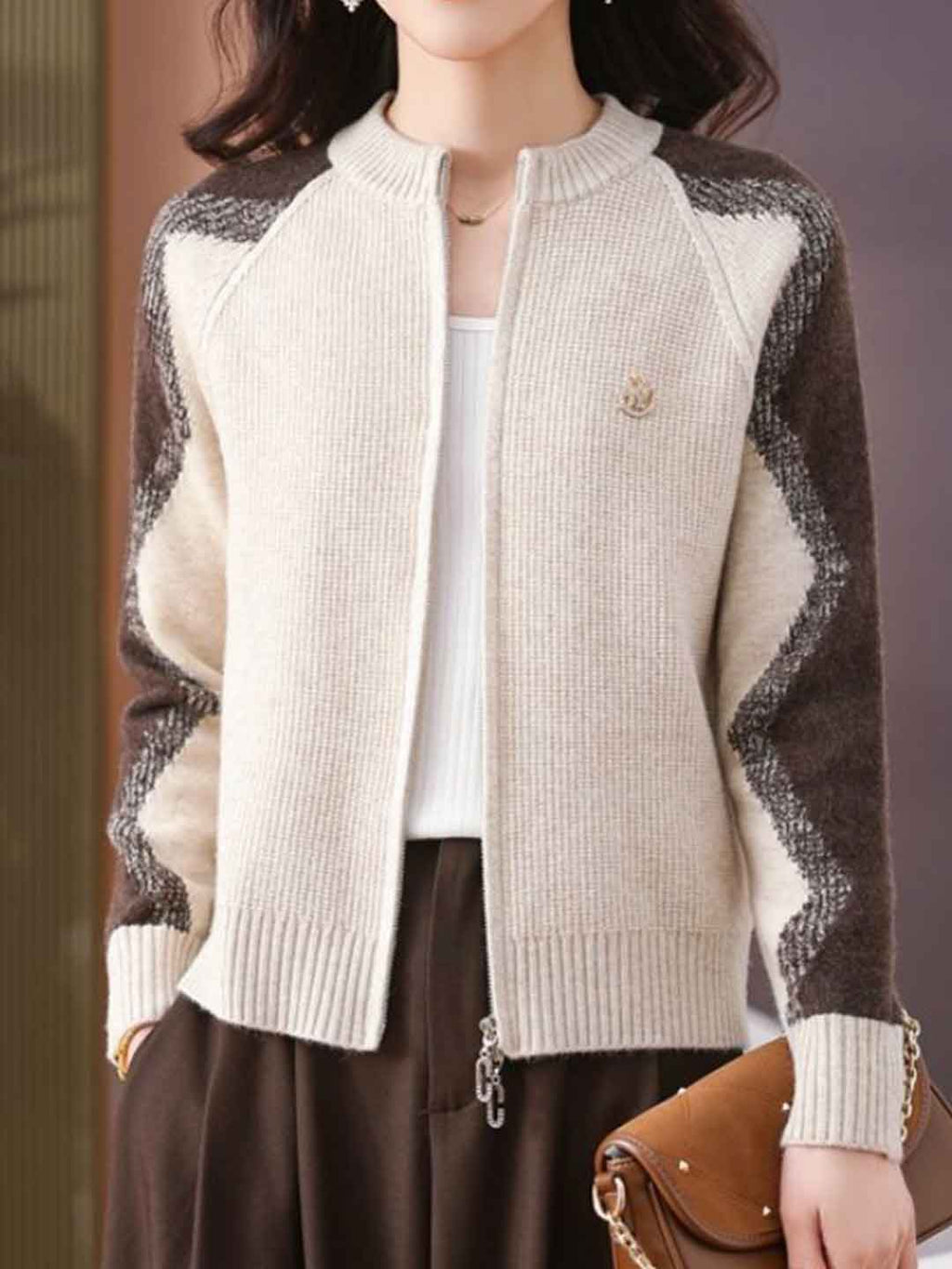 Paige Loose Crew Neck Colorblock Knitted Cardigan-Red