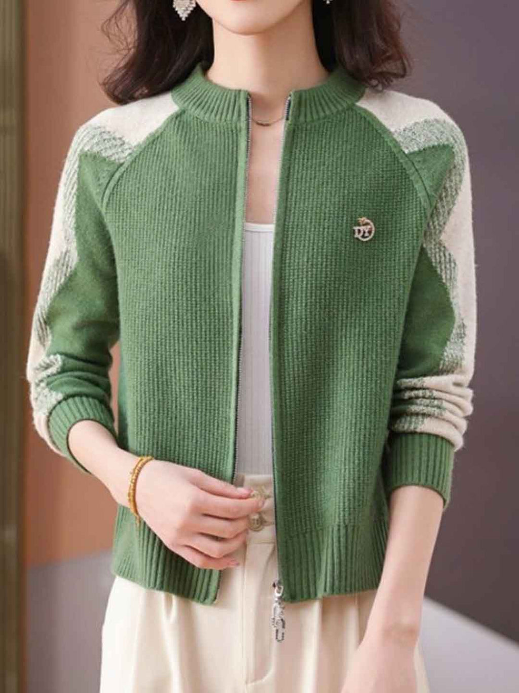 Paige Loose Crew Neck Colorblock Knitted Cardigan-Green